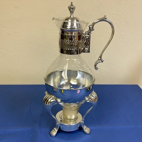 Vintage Kent Silversmith Glass Pitcher Carafe + Silver Pedestal Warmer Stand - Picture 1 of 13